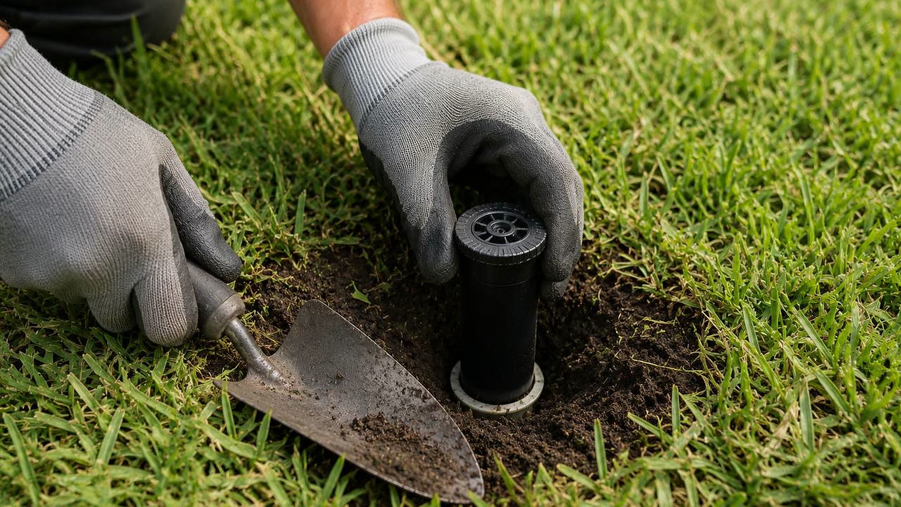 Close up of sprinkler head replacement in a Florida lawn