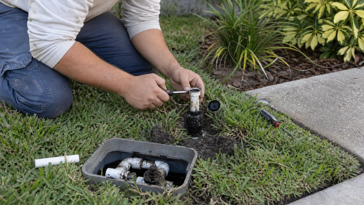 Sprinkler repair detail showing a checked irrigation fitting near turf